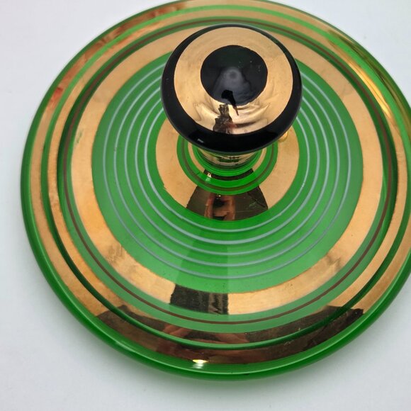 Vintage Bohemian Green Glass Lidded Candy Dish With Gold Stripes Mid Century - Picture 9 of 16